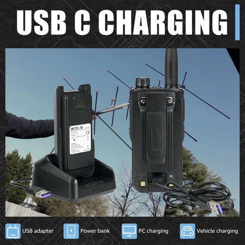Rugged Dual Band Handheld Radio With IP68 Waterproofing, 2500mAh USB-C Battery shown on charging dock in outdoor setting.