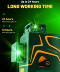 Dual 360 Degree Green Laser Level With 147 Ft Range showing long working time and bright green laser beam