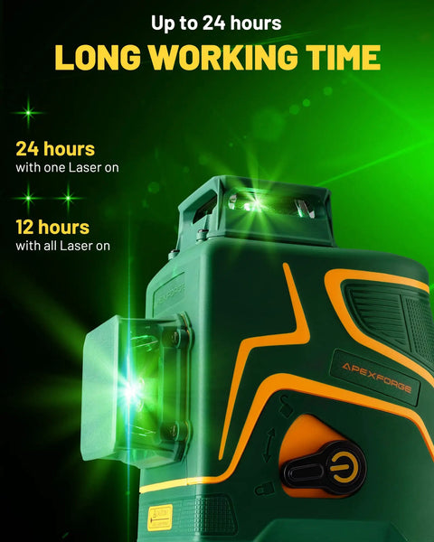 Dual 360 Degree Green Laser Level With 147 Ft Range showing long working time and bright green laser beam