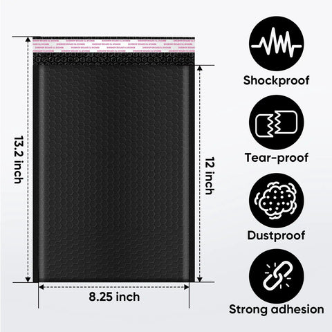 Black Bubble Mailers 8.5 By 12 Inches, 100 Pack, Usable 8.25x12 Size, poly mailer with dimensions, tear-proof, shockproof icons shown