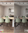 Comparison of Anti Glare Dimmable LED Track Lighting Heads Set 8.5W H Type CRI90 with traditional CRI80 lighting over dining table.