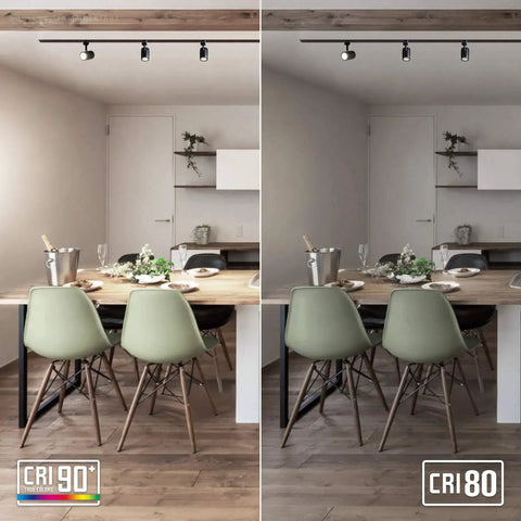 Comparison of Anti Glare Dimmable LED Track Lighting Heads Set 8.5W H Type CRI90 with traditional CRI80 lighting over dining table.