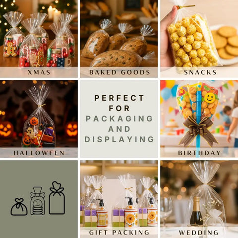 Clear Bottom Gusset Cellophane Gift Bags 10x14 Inches, 50 Count With 6 Inch Gold Twist Ties used for various festive occasions