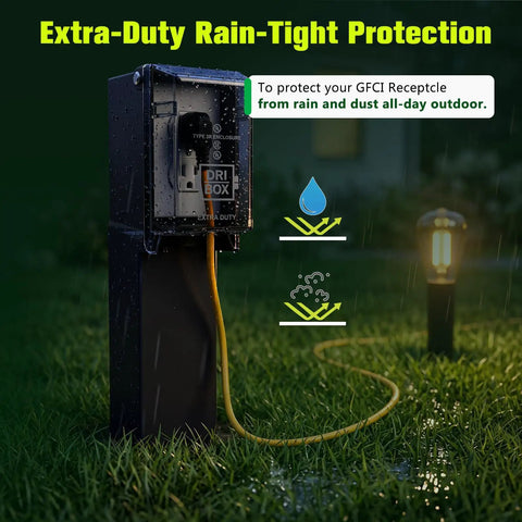 19.5 Inch Low Profile Garden Post Enclosure With Built Tough Weatherproof Rain Cover For GFCI Outlets and No Fuss Outdoor Landscape Power Box For Patios and Backyards in rain