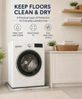 Heavy Duty 30x30x1.5 Inch Stainless Steel Washing Machine Pan With Drain Hole in use under a washing machine in a laundry room.