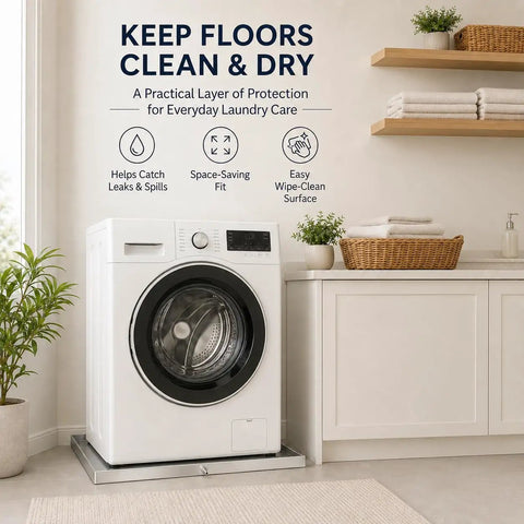 Heavy Duty 30x30x1.5 Inch Stainless Steel Washing Machine Pan With Drain Hole in use under a washing machine in a laundry room.