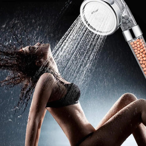 Woman enjoying High Pressure Handheld Shower Head With Three Modes Rainfall Massage Jetting For Hair And Skin Water Saving 1.6 GPM
