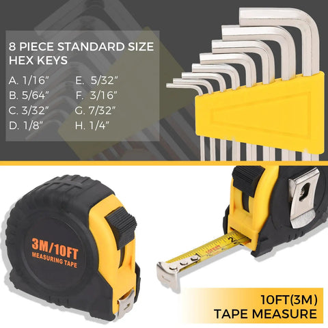 Close-up of 8-piece hex key set and 10ft tape measure from the 39 Piece Home Tool Set with Hammer Screwdrivers Pliers and Wrench in Compact Case for Home Repairs DIY Projects and Everyday Maintenance Great for Quick Home Fixes and Everyday Tasks with Durable Tools Built to Last.