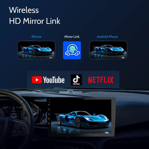10.1 Inch Double Din Car Stereo with wireless mirror link, streaming apps display for easy integration with your phone.