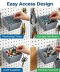 Pegboard Bins and Hooks Set Four Pack Open Front Small Parts Organizer for Screws Nails Nuts Bolts Tools with Two Inch Hooks