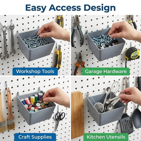 Pegboard Bins and Hooks Set Four Pack Open Front Small Parts Organizer for Screws Nails Nuts Bolts Tools with Two Inch Hooks