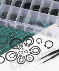 Beefy 266-Piece External Snap Rings Set Black Alloy Steel With Tweezers, showing various circlip sizes in a compartmentalized box.