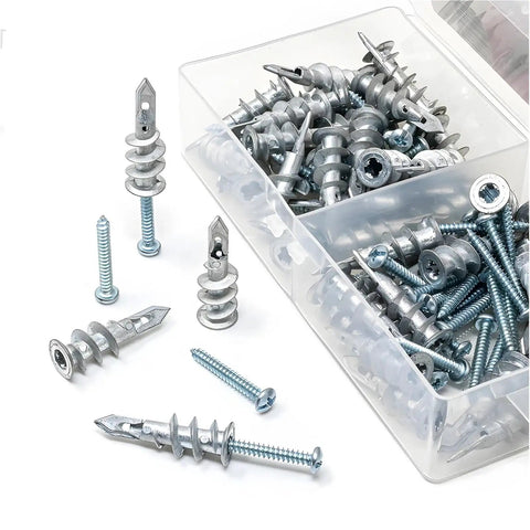 Drywall Anchor Kit With Self Drilling Screws DIY Friendly Zinc Alloy Wall Fasteners Yellow Zinc Plated Carbon Steel Rust Resistant Self Tapping Anchors No Prep Install Easy Mount For Shelves Picture Frames And TV Mounts, assorted anchors in box