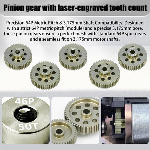 Hot Set Of 5 64P Aluminum Pinion Gears For 3.175mm Shafts 46T 47T 48T 49T 50T With M4 Screw And Hex Key One Eighth Inch Shaft Fits One Tenth RC Cars From Arrma HPI Kyosho Losi Axial Traxxas Tamiya