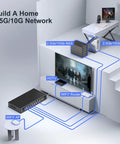 Diagram showing Unmanaged 10Gb Ethernet Switch With 2 10Gb RJ45 Ports And 8 2.5Gb Base-T Ports connecting multiple devices.