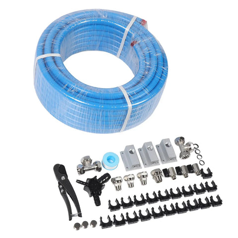 Three Layer HDPE Aluminum Shop Air Line Kit 3 4 Inch By 100 Feet, 200 PSI O Ring Sealed with accessories and components
