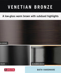 Color comparison of Venetian Bronze, Matte Black, and Oil-Rubbed Bronze finishes for bath hardware.