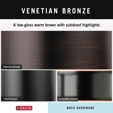 Color comparison of Venetian Bronze, Matte Black, and Oil-Rubbed Bronze finishes for bath hardware.