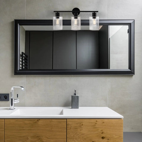 Bristol 5 Piece All In One Matte Black Bathroom Set With Dimmable 3 Light Vanity Light Featuring Seeded Glass Shades And Mirror