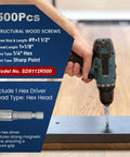 500 Ct of Number 9 By 1-1/2 In Mechanical Galvanized Joist Hanger Screws With Tough As Nails Hurricane Tie Down Fasteners With Killer Grip for Deck Framing Roof Trusses and Heavy Duty Projects Plus Zinc Coated Finish and High Carbon Steel Core for Long, installation demonstration with hex drill driver.