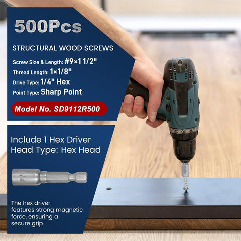500 Ct of Number 9 By 1-1/2 In Mechanical Galvanized Joist Hanger Screws With Tough As Nails Hurricane Tie Down Fasteners With Killer Grip for Deck Framing Roof Trusses and Heavy Duty Projects Plus Zinc Coated Finish and High Carbon Steel Core for Long, installation demonstration with hex drill driver.