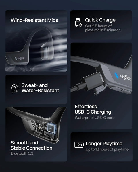 Next Level Open Ear Bone Conduction Bluetooth Sport Headphones In Black, showcasing quick charge and sweat resistance features.