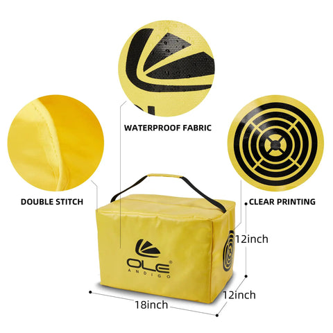 Next Level Golf Swing Speed Trainer with Impact Bag featuring yellow waterproof fabric and black printed target, 18x12 inches.