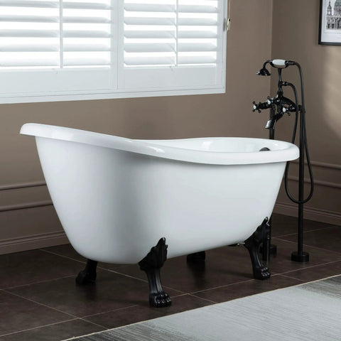 Slick Freestanding Clawfoot Tub Bundle Featuring Top Shelf Oil Rubbed Bronze Faucet And Drain Assembly All In One Premium Bathroom Soaking Package For Effortless Setup, white tub with black claw feet.