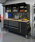 Top Shelf 72 Inch Rolling Tool Chest With 10 Smooth Drawers Solid Rubber Wood Top Mobile Workstation Featuring Built In Power Strip And Secure Locking System For Garage Pro Rigs in a garage setting.