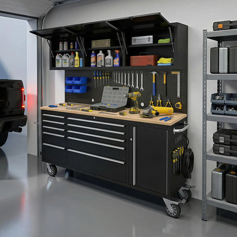 Top Shelf 72 Inch Rolling Tool Chest With 10 Smooth Drawers Solid Rubber Wood Top Mobile Workstation Featuring Built In Power Strip And Secure Locking System For Garage Pro Rigs in a garage setting.