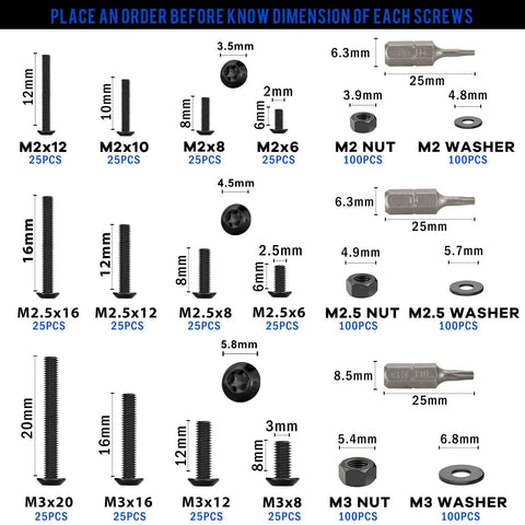 Diagram of 900 Pieces Torx Button Head Screws Set M2 M2.5 M3 Bolts Nuts Washers Star Drive Round Head Machine Screws 10.9 Grade Alloy Steel