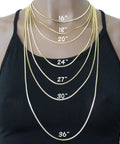 Display of different necklace chain lengths on a mannequin, ranging from 16 to 36 inches, showing layering effects.