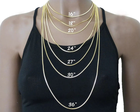 Display of different necklace chain lengths on a mannequin, ranging from 16 to 36 inches, showing layering effects.