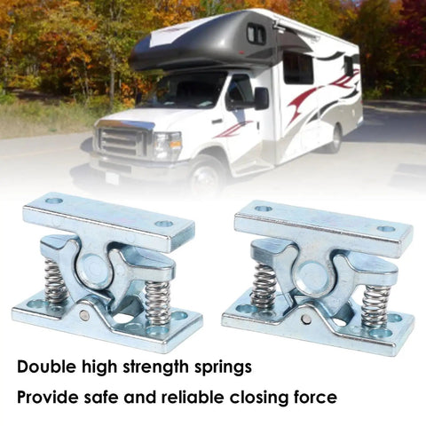 Heavy Duty Zinc Alloy RV Door Catch 2 Pack Spring Loaded Double Roller Latch with motorhome in background