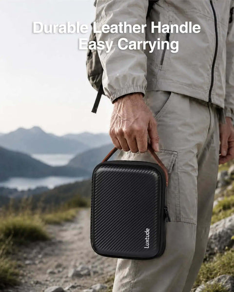 Level Up Your Rig With This Top Shelf Hard EVA Case Featuring Removable Foam Inserts For Shockproof Camera Organizer And Ready To Roll Drone Gear Bag With Strong Build, held by a person with a leather handle.