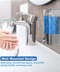 Wall Mounted Soap Dispenser For Kitchen And Bathroom With Zero Fuss No Drip Nozzle Holds 17 Oz liquid in clear tank next to faucet.