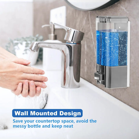 Wall Mounted Soap Dispenser For Kitchen And Bathroom With Zero Fuss No Drip Nozzle Holds 17 Oz liquid in clear tank next to faucet.