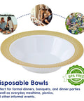 Sturdy Reusable Plastic Bowls With Gleaming Gold Grid Rim, 12 Ounce White Bowls Perfect For Gameday Grills And Big Group Feasts, Bpa Free Food Grade Durable Bulk 100 Pack on display for picnics and casual dining.