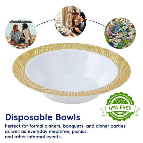 Sturdy Reusable Plastic Bowls With Gleaming Gold Grid Rim, 12 Ounce White Bowls Perfect For Gameday Grills And Big Group Feasts, Bpa Free Food Grade Durable Bulk 100 Pack on display for picnics and casual dining.