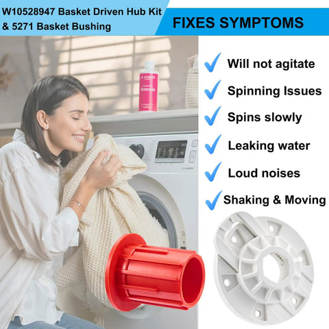 Washer Basket Driven Hub Kit With Bushing Assembly For Whirlpool Maytag Kenmore Washers Replacement W10528947 52719 AP5665171 2684908 Easy Install Ready To Roll, red hub and white bushing