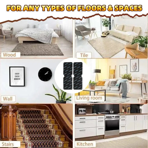 Non Slip Rug Grippers Set for various floors including wood, tile, and stairs, with reusable double sided carpet tape pads.