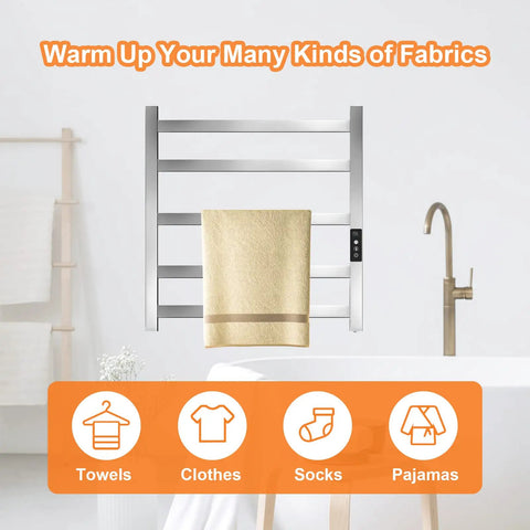 5 Bar Heated Towel Rack With Timer And Smart Temperature Control, 304 Stainless Steel Wall Mounted Electric Towel Warmer For Bathroom