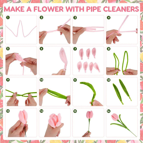Step-by-step guide for making flowers with Pipe Cleaners Craft Kit With 600 Pieces In 6 Vibrant Colors Chenille Stems.