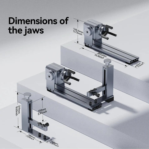 3 In 1 Laser Rotary Attachment dimensions for cylindrical engraving, showing measurements and design for compatibility with various laser engravers.