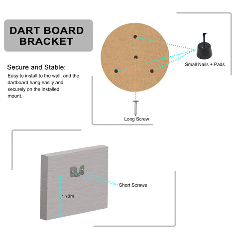 Diagram of portable dartboard mounting bracket kit with screws, nails, and stabilizers for wall mounting.