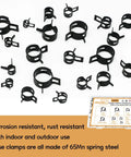 84 Piece 7 To 17 mm Fuel Line Hose Clamps Spring Clamp Set With Labeled Storage Box For Automotive Use Durable 65Mn Manganese Steel Black Finish DD006 B displayed on white background with various clamp sizes visible and storage box shown in corner.