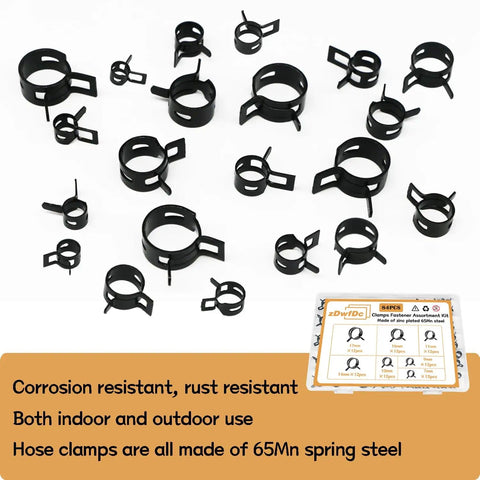 84 Piece 7 To 17 mm Fuel Line Hose Clamps Spring Clamp Set With Labeled Storage Box For Automotive Use Durable 65Mn Manganese Steel Black Finish DD006 B displayed on white background with various clamp sizes visible and storage box shown in corner.