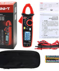 Clamp Meter Multimeter With Non Contact Voltage Tester For 2A AC DC, Amp Clamp Meter, LCD Display, accessories and packaging.