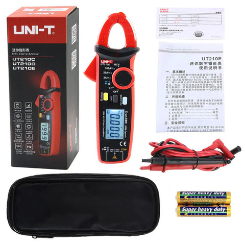 Clamp Meter Multimeter With Non Contact Voltage Tester For 2A AC DC, Amp Clamp Meter, LCD Display, accessories and packaging.