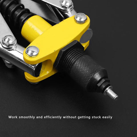 Get Your Hand Rivet Nut Tool Kit Ready For Heavy Industrial Repair Jobs With Double Handle Design And Premium Aluminum Rivets For Solid Connections In Automotive Works, yellow metal tool close-up